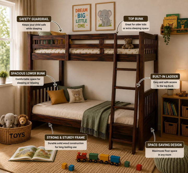 Translation missing: en.Sheesham Wood Moyer Bunk Bed for Bedroom | Brown Finish 