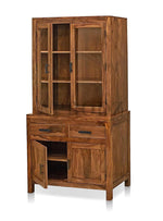 Glass Door Cabinet | 2 Drawers 3 Shelves Sheesham Wood Storage Organizer | Durable Stylish Wooden Furniture | Elegant Design Home Decor Compact Multifunctional | Compact multifunctional furniture 