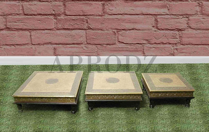 APRODZ Wooden Brass Plated Traditional Square Bajot Chowki (Set of 3)