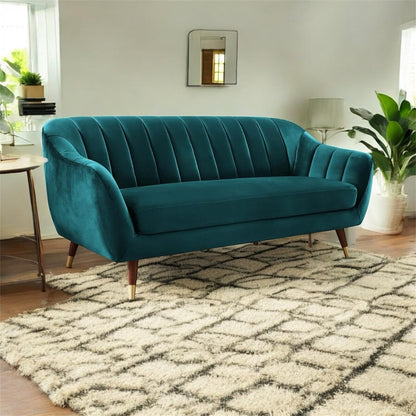 Lumina Modern Velvet Upholstered 3-Seater Sofa with Channel Tufted Backrest & Golden Metal Legs | Stylish Mid-Century Couch for Living Room & Lounge