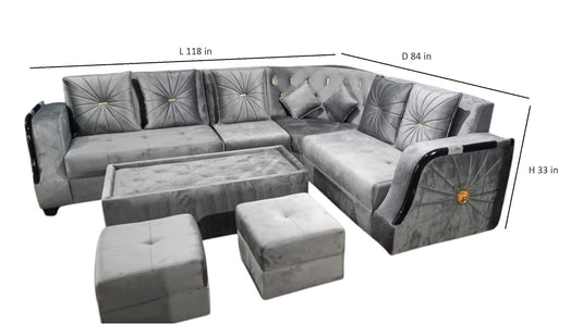 Translation missing: en.L-Shaped Sectional 6-Seater Sofa with Coffee Table &amp; 2 Ottoman Padded Armrest Perfect Velvet Fabric Corner Sofa for Guests Living Room, Drawing Room, Office &amp; Lounge (Grey) 