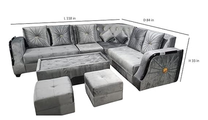 L-Shaped Sectional 6-Seater Sofa with Coffee Table & 2 Ottoman Padded Armrest Perfect Velvet Fabric Corner Sofa for Guests Living Room, Drawing Room, Office & Lounge (Grey) 