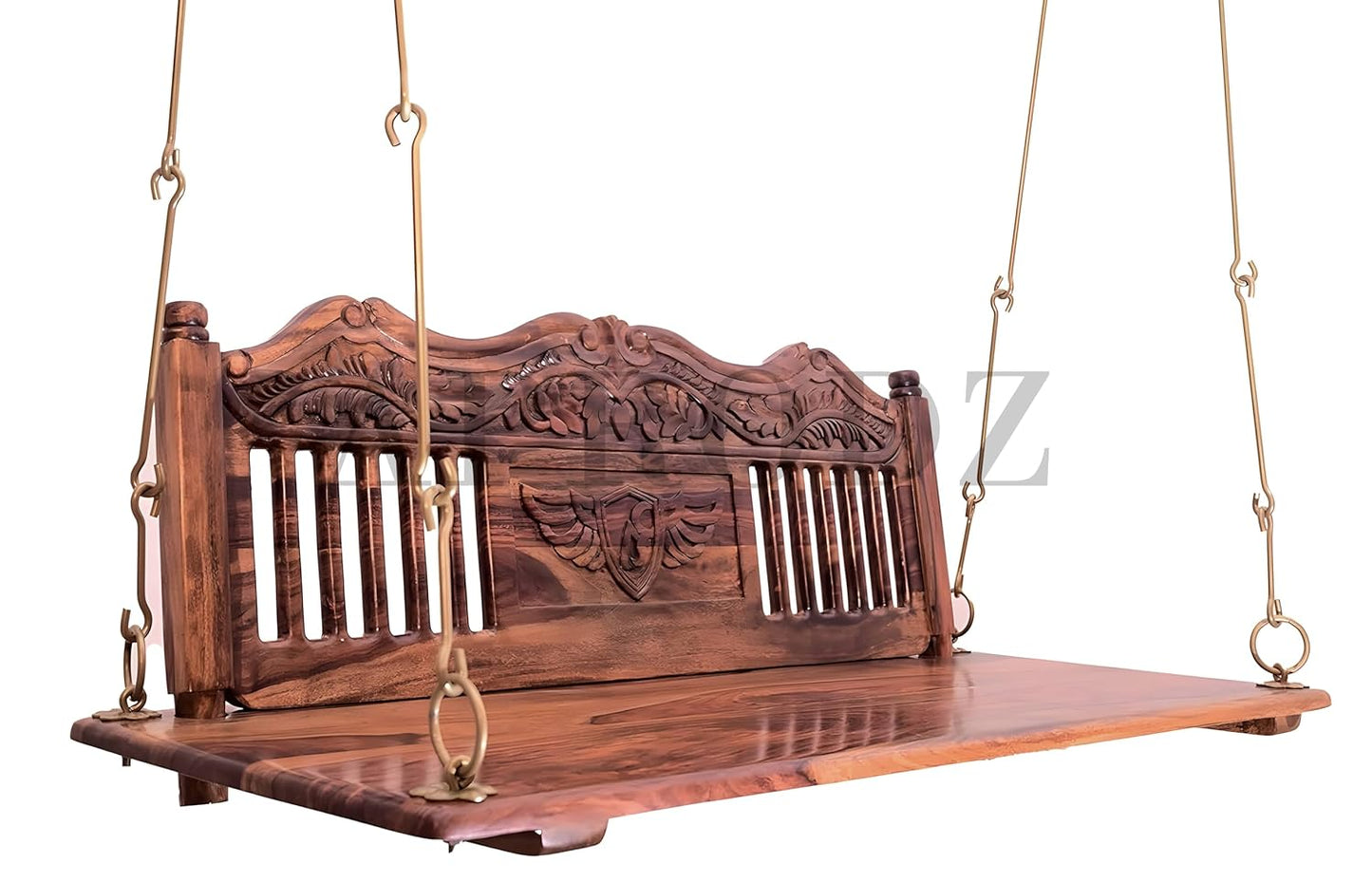 Wooden Swing Jhula with Brass Chain and Carving Eagle Designfor Indoor Outdoor & Balcony | House Swings for Adults (Honey Finish) 