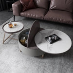 Modern 2-Piece Nesting 2 Drawer Coffee Table Set with Rotating Faux Marble Top, Flip-Top Storage, Grey and Gold Metal Legs  Coffee Table