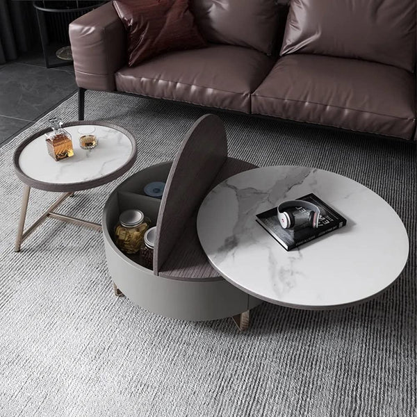 Modern 2-Piece Nesting 2 Drawer Coffee Table Set with Rotating Faux Marble Top, Flip-Top Storage, Grey and Gold Metal Legs  Coffee Table