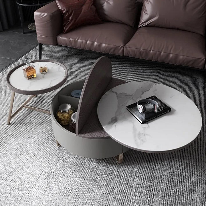Translation missing: en.Modern 2-Piece Nesting 2 Drawer Coffee Table Set with Rotating Faux Marble Top, Flip-Top Storage, Grey and Gold Metal Legs  Coffee Table