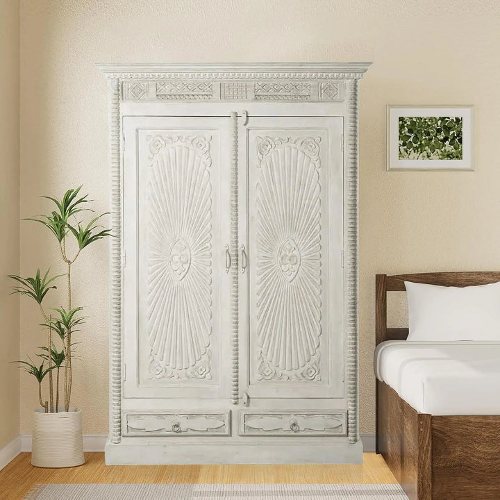 Translation missing: en.APRODZ Bianco Carved Mango Wood 2-Door Wardrobe Storage Almirah Cupboard for Cloths (Aged White)