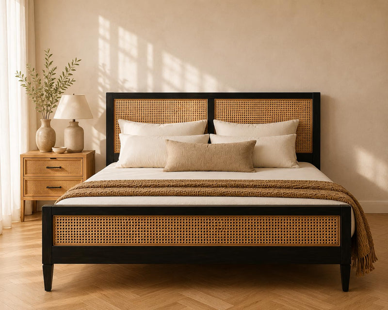 Mango Wood and Rattan Cane King Size & Queen Size Bed Frame, Black Finish 
