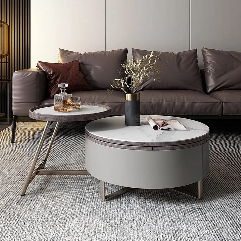 Modern 2-Piece Nesting 2 Drawer Coffee Table Set with Rotating Faux Marble Top, Flip-Top Storage, Grey and Gold Metal Legs  Coffee Table