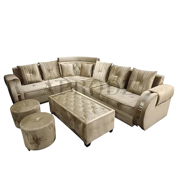 Modern L-Shaped Sectional Sofa Set, 6 Seater with Coffee Table and 2 Ottoman Stools, Tufted Velvet, Beige 