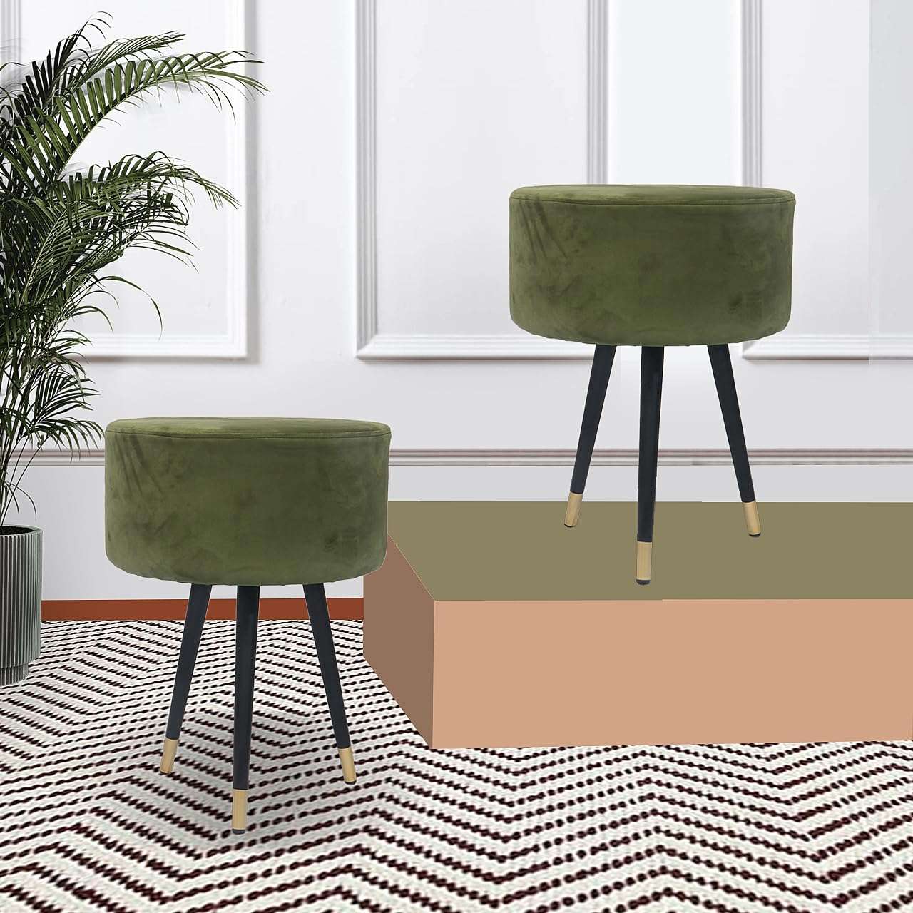 APRODZ Upholstered and Steel Frame Puffy Stool Grass Green Fabric + Black Powdercoated - Set of 2