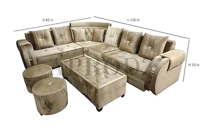 Modern L-Shaped Sectional Sofa Set, 6 Seater with Coffee Table and 2 Ottoman Stools, Tufted Velvet, Beige 