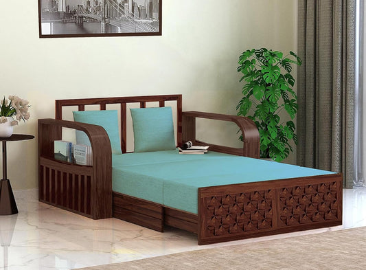 Sheesham Wood Sofa Cum Bed, 2 Seater with Storage, Geometric Design (75 x 51 x 30 Inch)