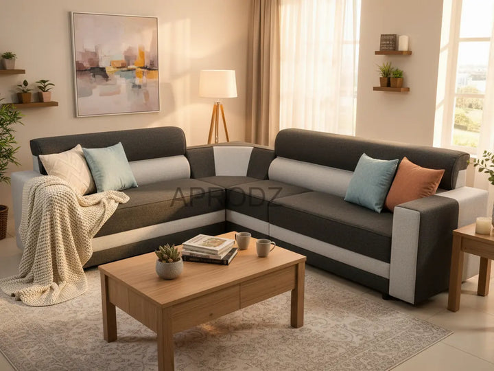 Translation missing: en.L-Shaped Sectional 6-Seater Sofa with Padded Armrest, Perfect Fabric Corner Sofa for Guests Living Room, Drawing Room, Office &amp; Lounge (Grey/Dual Tone) 