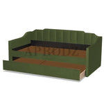 Green Krease Daybed with trundle drawer open, showing internal wooden slats and storage-ready design for dual mattress setup.