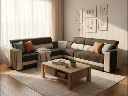 Translation missing: en.L-Shaped Sectional 6-Seater Sofa with Padded Armrest, Perfect Fabric Corner Sofa for Guests Living Room, Drawing Room, Office &amp; Lounge (Grey/Dual Tone) 
