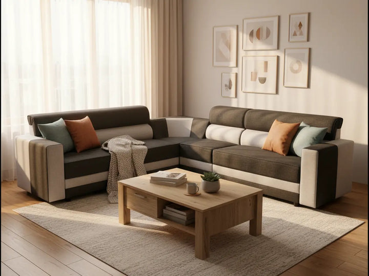 Translation missing: en.L-Shaped Sectional 6-Seater Sofa with Padded Armrest, Perfect Fabric Corner Sofa for Guests Living Room, Drawing Room, Office &amp; Lounge (Grey/Dual Tone) 