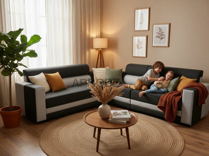 L-Shaped Sectional 6-Seater Sofa with Padded Armrest, Perfect Fabric Corner Sofa for Guests Living Room, Drawing Room, Office & Lounge (Grey/Dual Tone) 