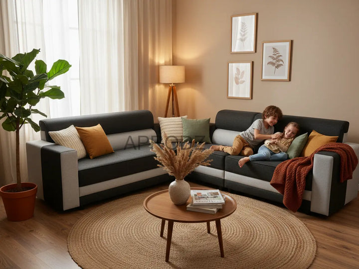 Translation missing: en.L-Shaped Sectional 6-Seater Sofa with Padded Armrest, Perfect Fabric Corner Sofa for Guests Living Room, Drawing Room, Office &amp; Lounge (Grey/Dual Tone) 