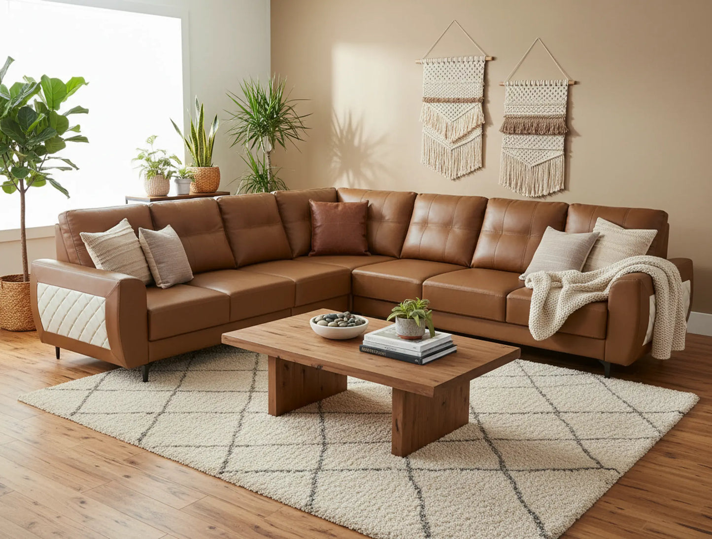 Brown sectional sofa in a living room with a wooden coffee table and decorative elements.