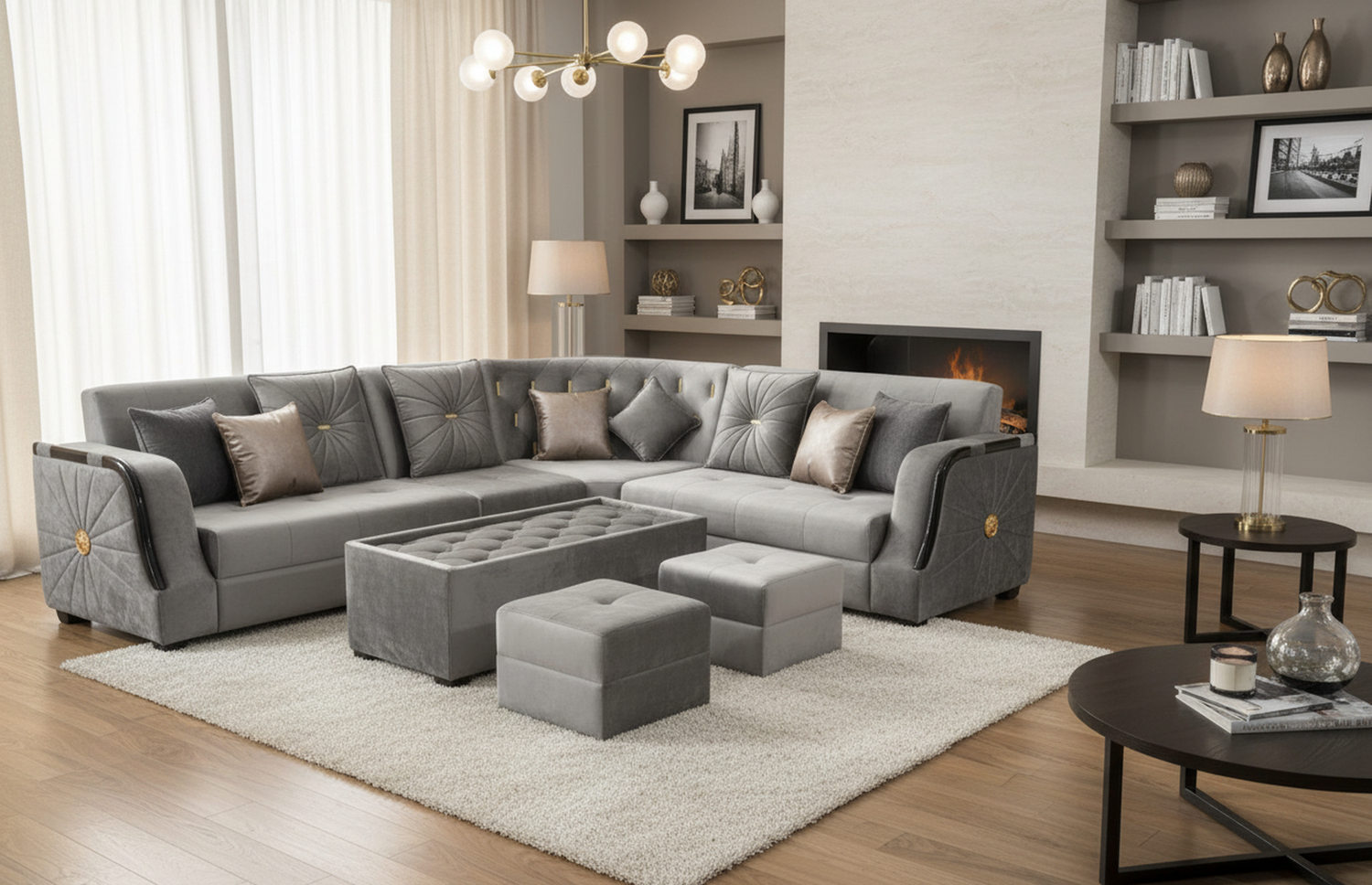 L-Shaped Sectional 6-Seater Sofa with Coffee Table & 2 Ottoman Padded Armrest Perfect Velvet Fabric Corner Sofa for Guests Living Room, Drawing Room, Office & Lounge (Grey) 