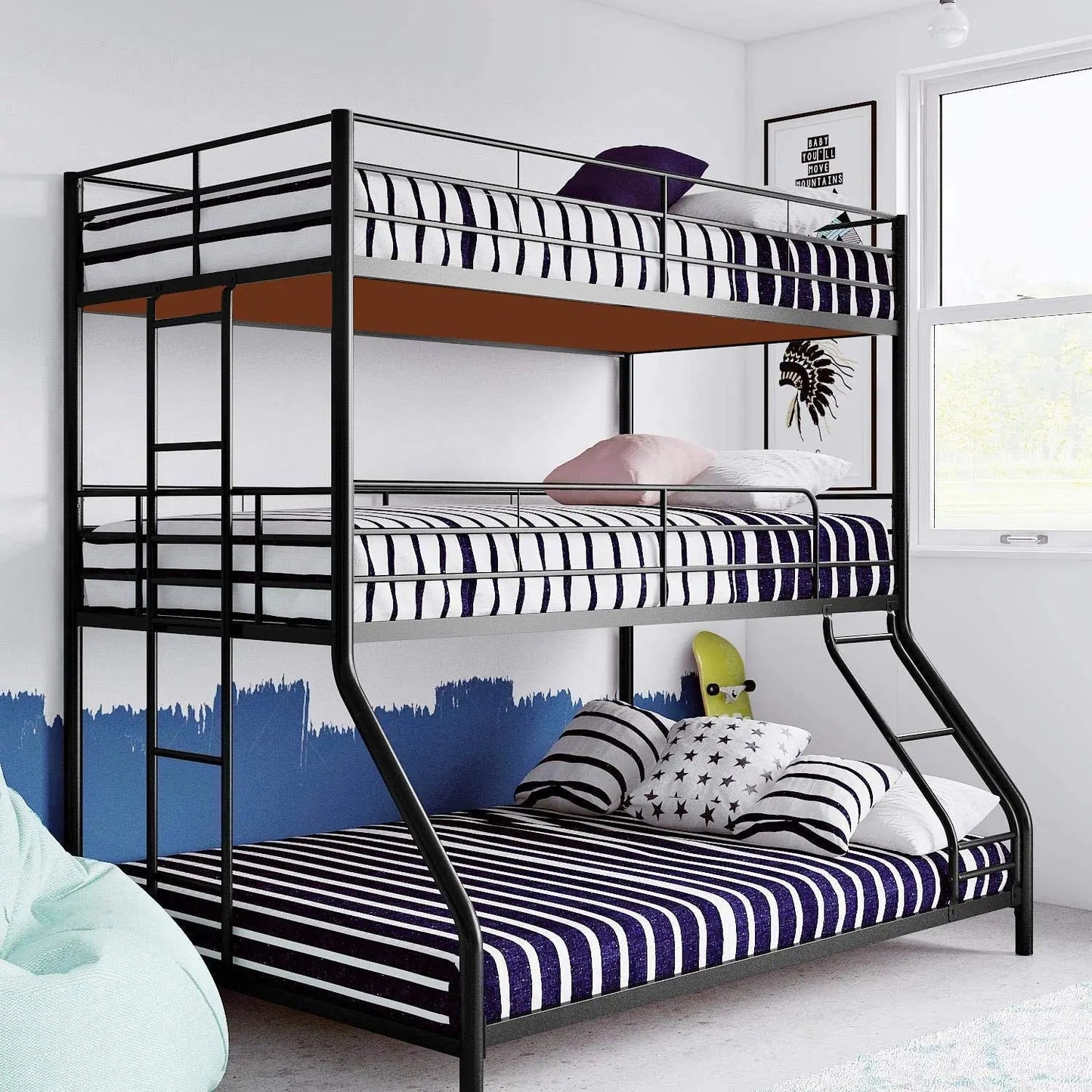 Chavez Twin/Twin/Full Size Metal Triple Bunk Bed (Metal - Black Powdercoated) 