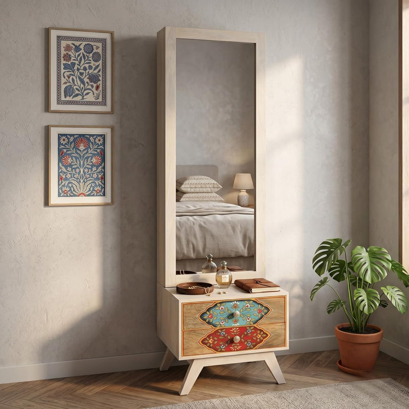 Hand-Painted Solid Wood Dressing Table with Two Drawer Storage for Living Room (White + 