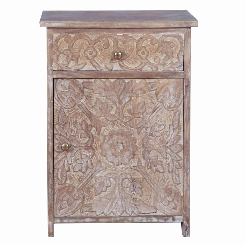 Mango Wood Yaviza One Door and One Drewer Bedside Storage Table for Bedroom 
