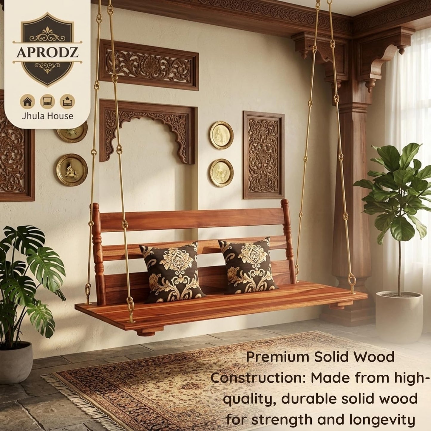 Jhula for Adults for Home 3 Seater Swing Wooden Jhula for Indoor Outdoor & Balcony Traditional Hammock House Swings Jhula| House Swings Backyard for Adults (52 Inches) 