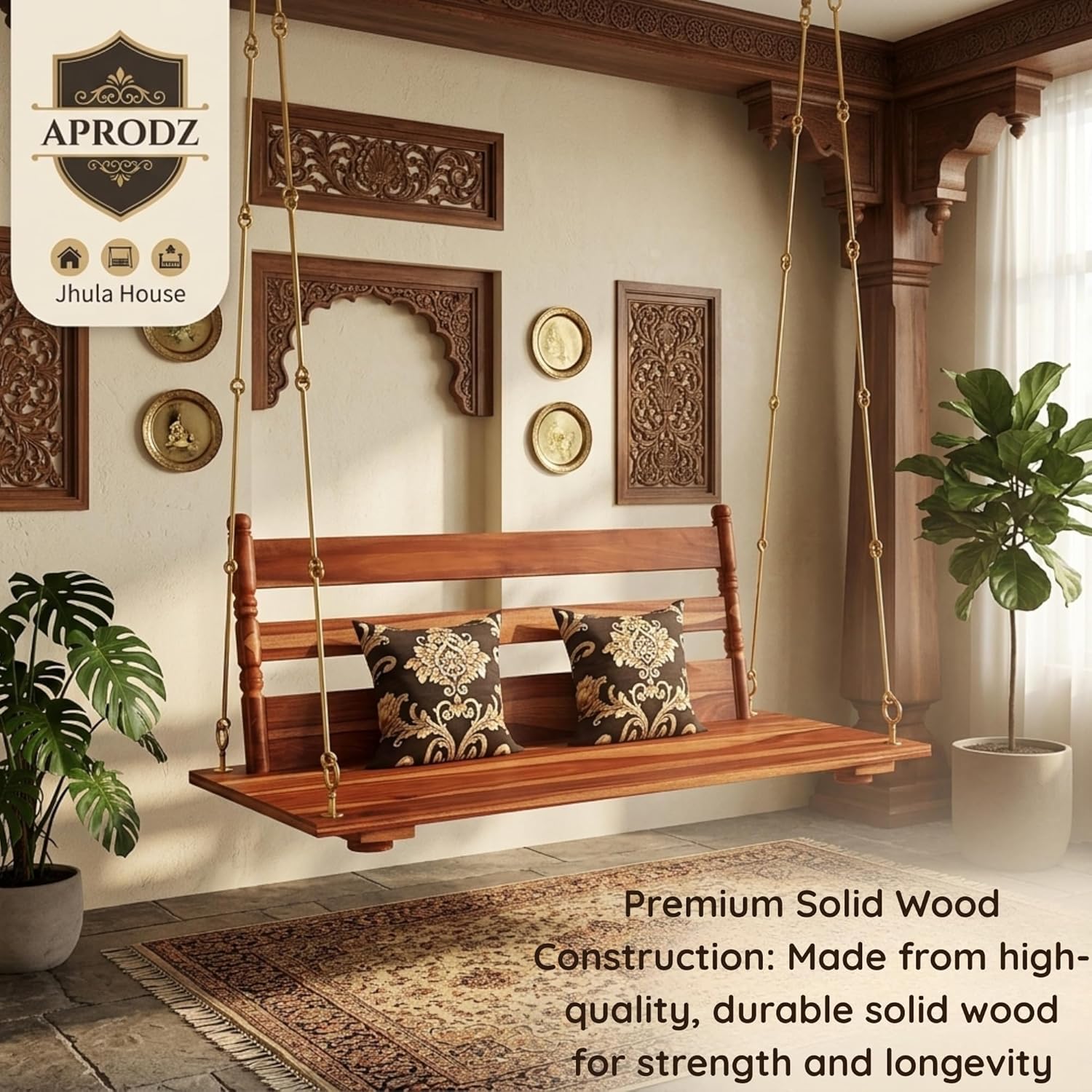Jhula for Adults for Home 3 Seater Swing Wooden Jhula for Indoor Outdoor & Balcony Traditional Hammock House Swings Jhula| House Swings Backyard for Adults (52 Inches) 