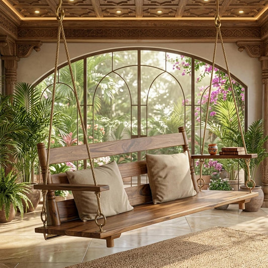 2 Seater Swing Wooden Jhula with Brass Coated Chain for Indoor Outdoor & Balcony | House Swings for Adults (Honey Finish) 