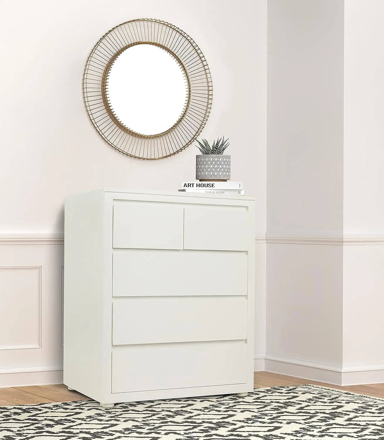 Mango Wood Warsaw Chest of 5 Drawers Storage Dresser for Living Room Furniture (White Finish) 