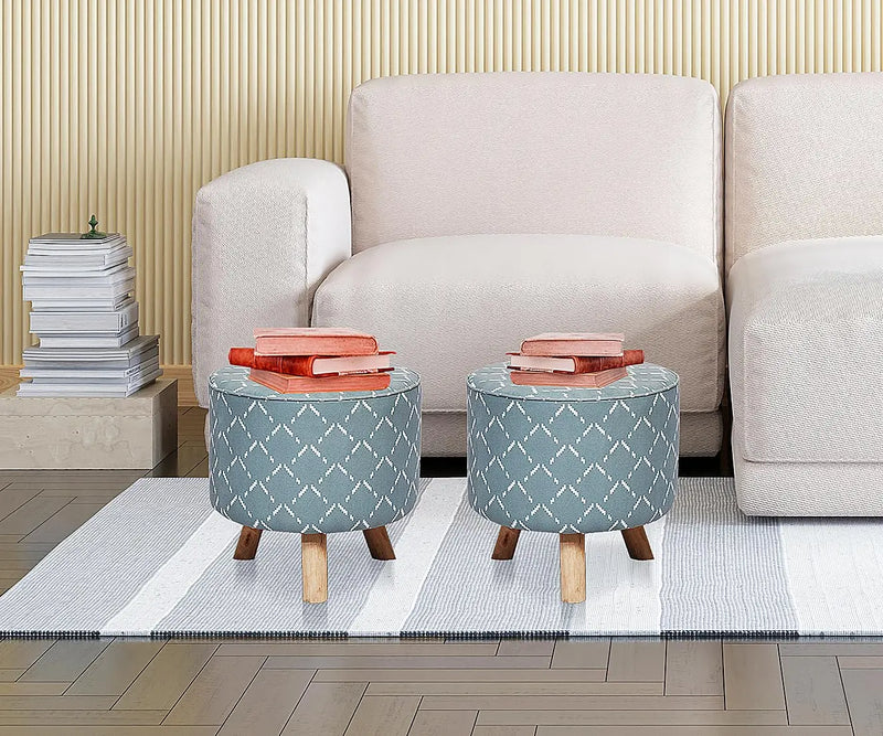 Upholstered and Steel Frame Puffy Stool Grass Green Fabric + Black Powdercoated - Set of 2 