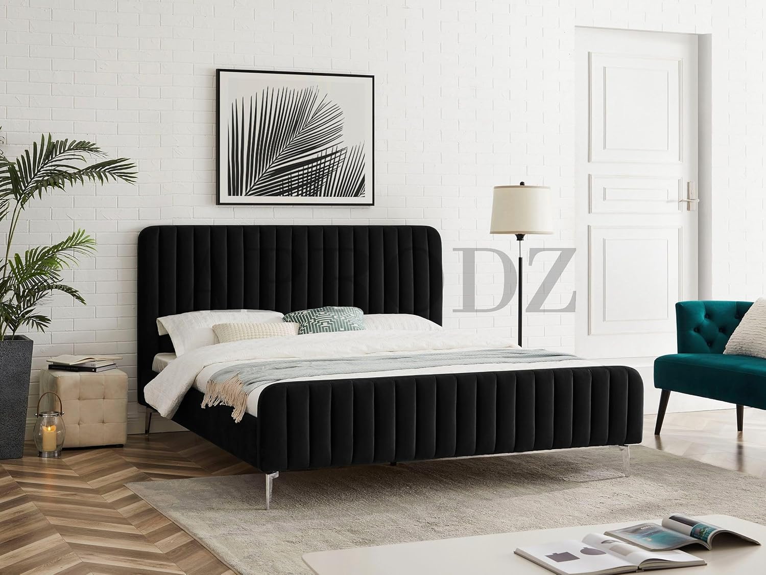 APRODZ Fluted Velvet Upholstered King Size Platform Bed for Bedroom, Home Furniture with Metal Feet (Black)