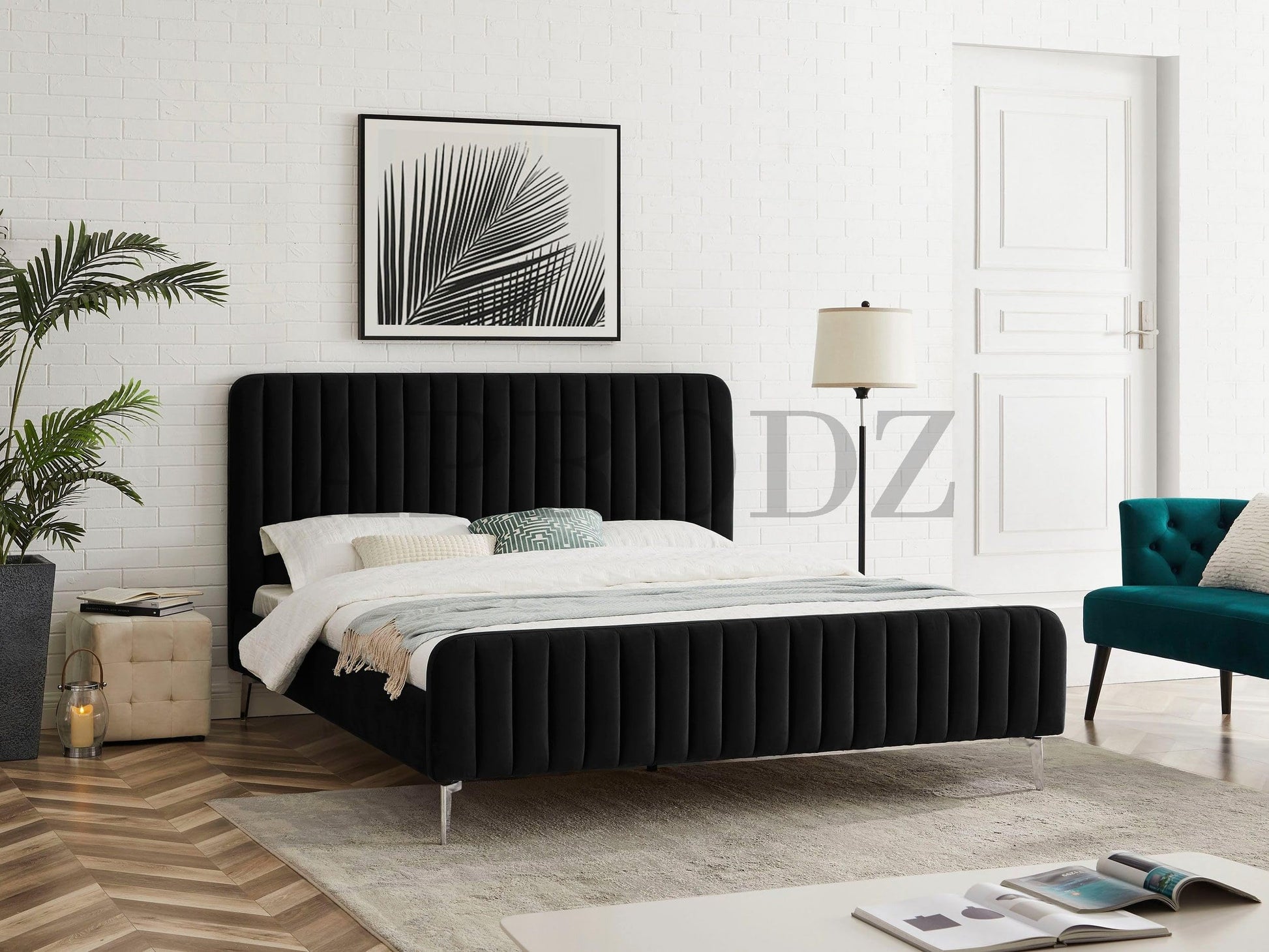 APRODZ Fluted Velvet Upholstered Queen Size Platform Bed for Bedroom, Home Furniture with Metal Feet (Black)