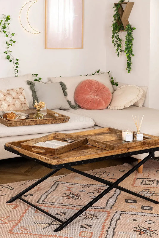 Translation missing: en.Lohmi Mango Wood and Metal Coffee Table (Solid Wood - Natural + Black Powder Coated) 