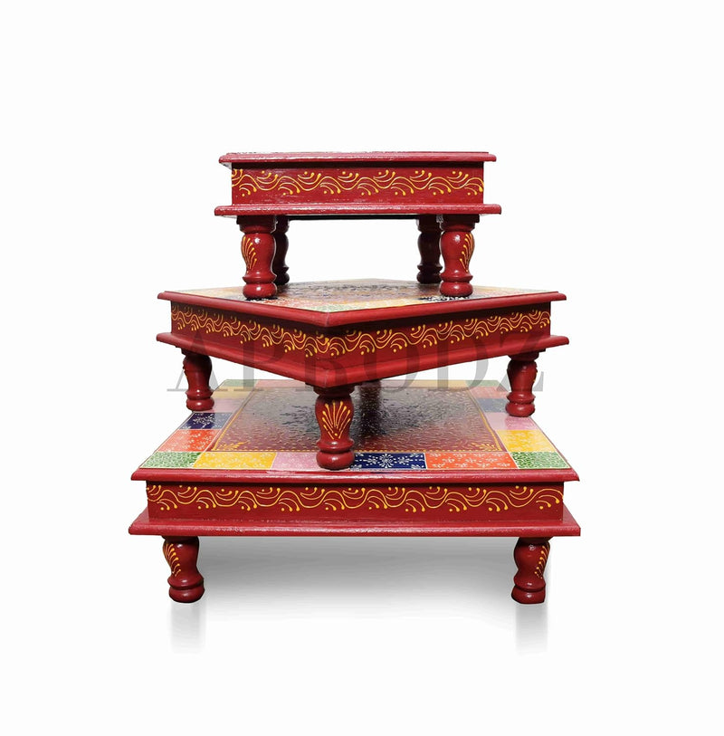 Handcrafted Multicolour Wood Carved Decorative Bajot Set Perfect for Pooja Mandir and Home Temple 