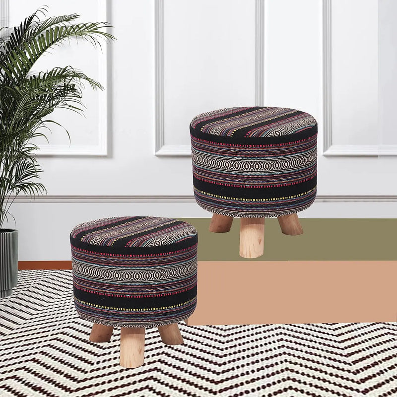 Upholstered and Steel Frame Puffy Stool Grass Green Fabric + Black Powdercoated - Set of 2 