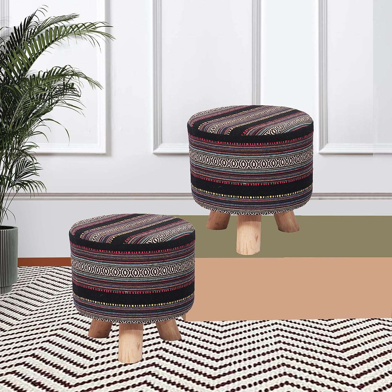 APRODZ Upholstered and Steel Frame Puffy Stool Grass Green Fabric + Black Powdercoated - Set of 2