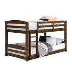 Wooden bunk bed with bedding on a white background