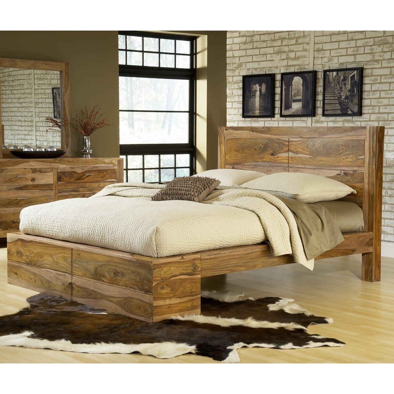 APRODZ Sheesham Wood Queen Size Fenton Bed for Bedroom Stylish | Brown Finish