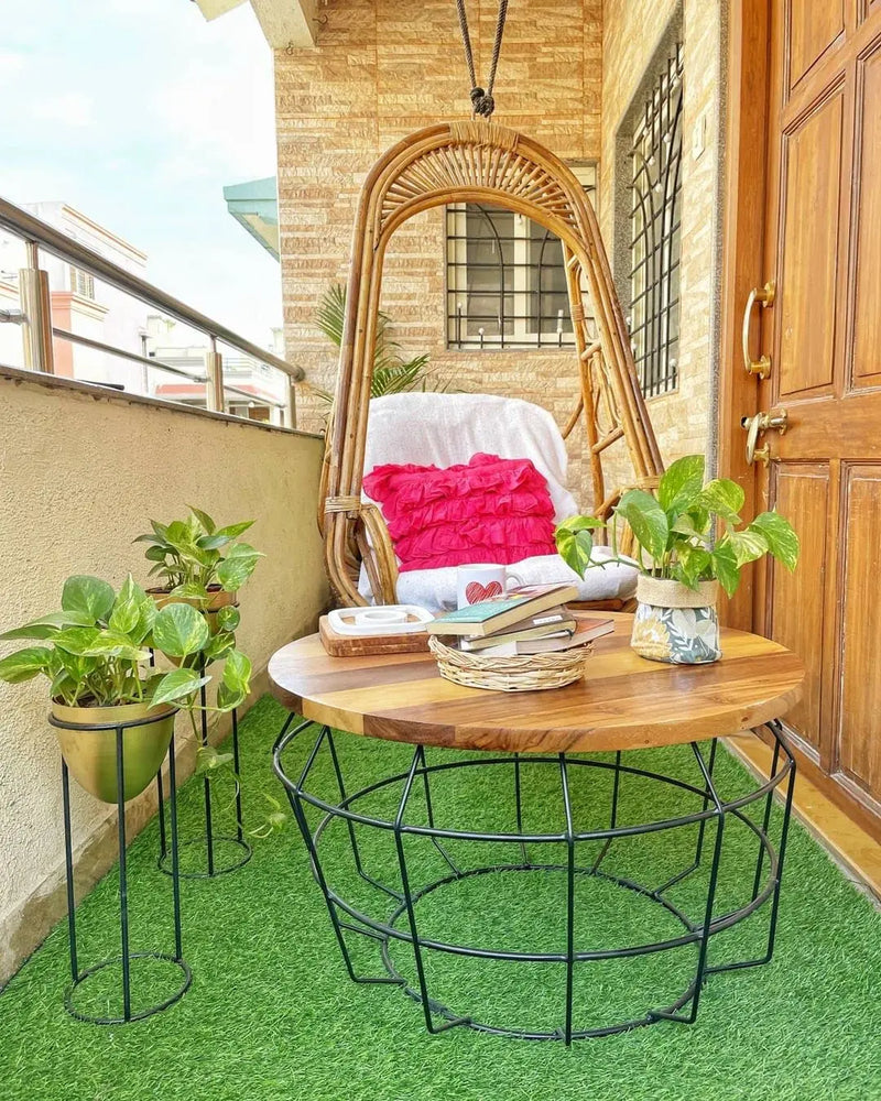 Round Solid Wood Round Top Center Coffee Teapoy Table for Living Room Furniture Portable Tea Table (Mango Wood - Natural + Black Powder Coated) 