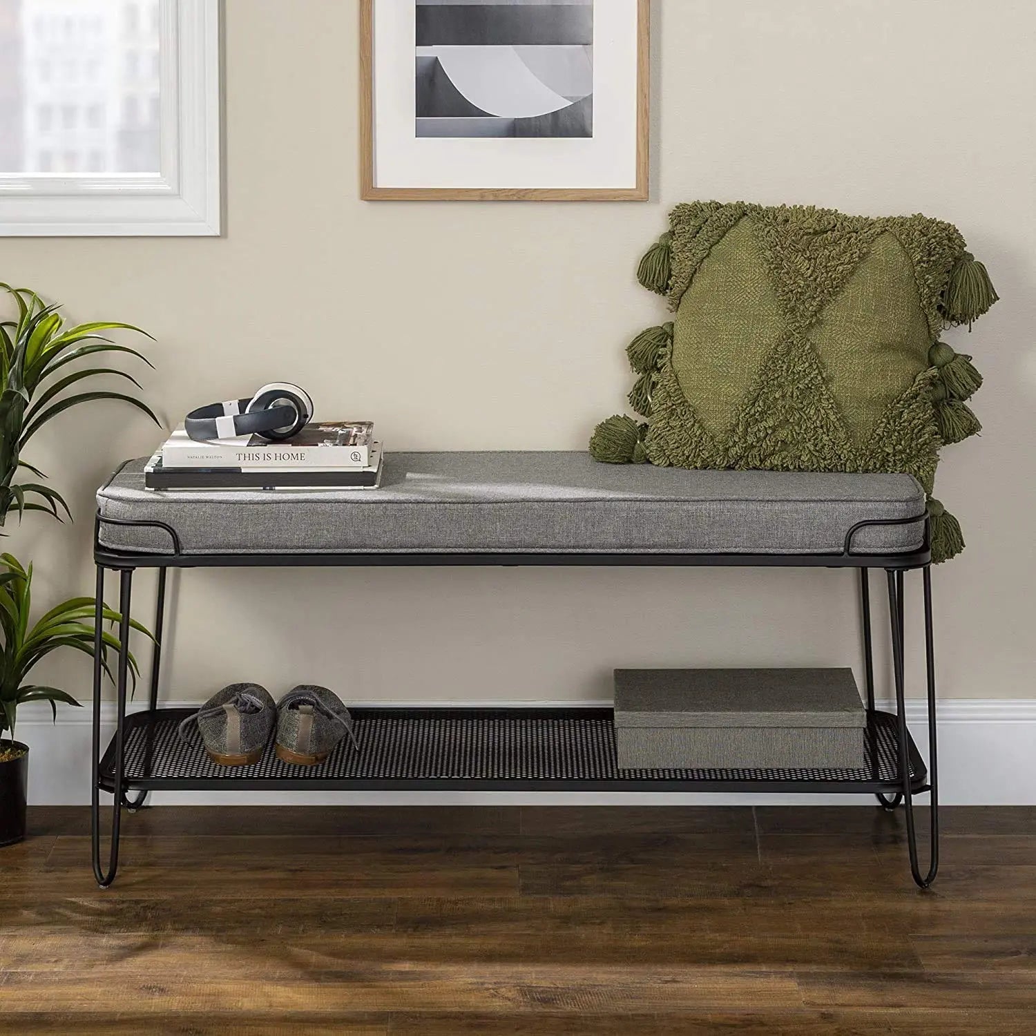 Metal and Upholstered Bench with Cushion Shoe Storage Shelf (Metal - Grey Fabric) 