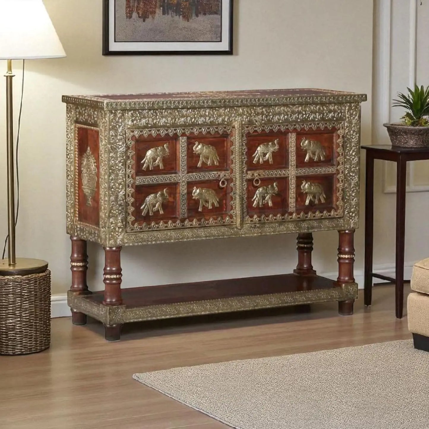 Wooden Brass Fitted Storage Cabinet with Open Self Storage (Multicolor) 