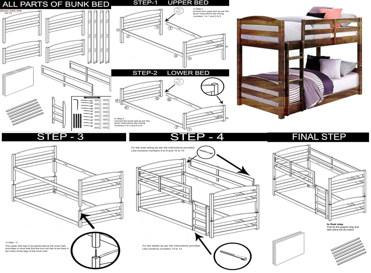 APRODZ Mango Wood Shipry Bunk Bed Without Storage Single Bed Furniture for Bedroom Living Room Home (Brown Finish)