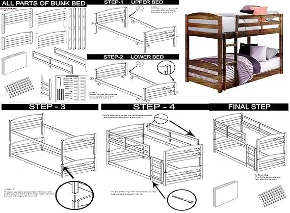 Step-by-step assembly diagram of a bunk bed