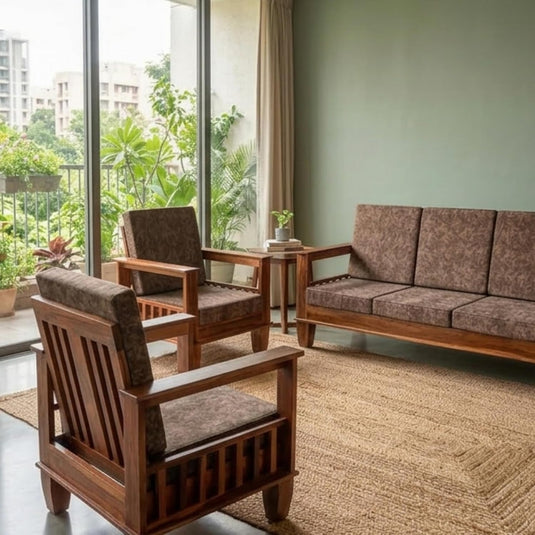 Translation missing: en.Kitarp Sheesham Wood Sofa Set 5 Seater Velvet Upholstered Sofa with Tufted Backrest Cushioned Seating Tipped Legs Couch for Living Room &amp; Lounge (Suede) 