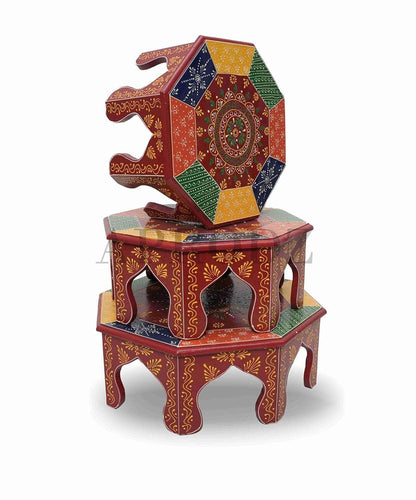 APRODZ Handpainted Bajot: Antique Design, Multipurpose Stool, Decorative Pooja Mandir Stand