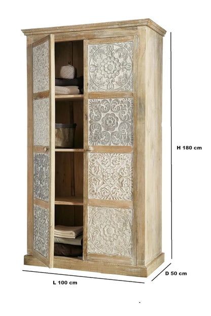 APRODZ Floreale Carved Mango Wood 2-Door Wardrobe Storage Almirah Cupboard for Cloths (White + Silver and Natural)