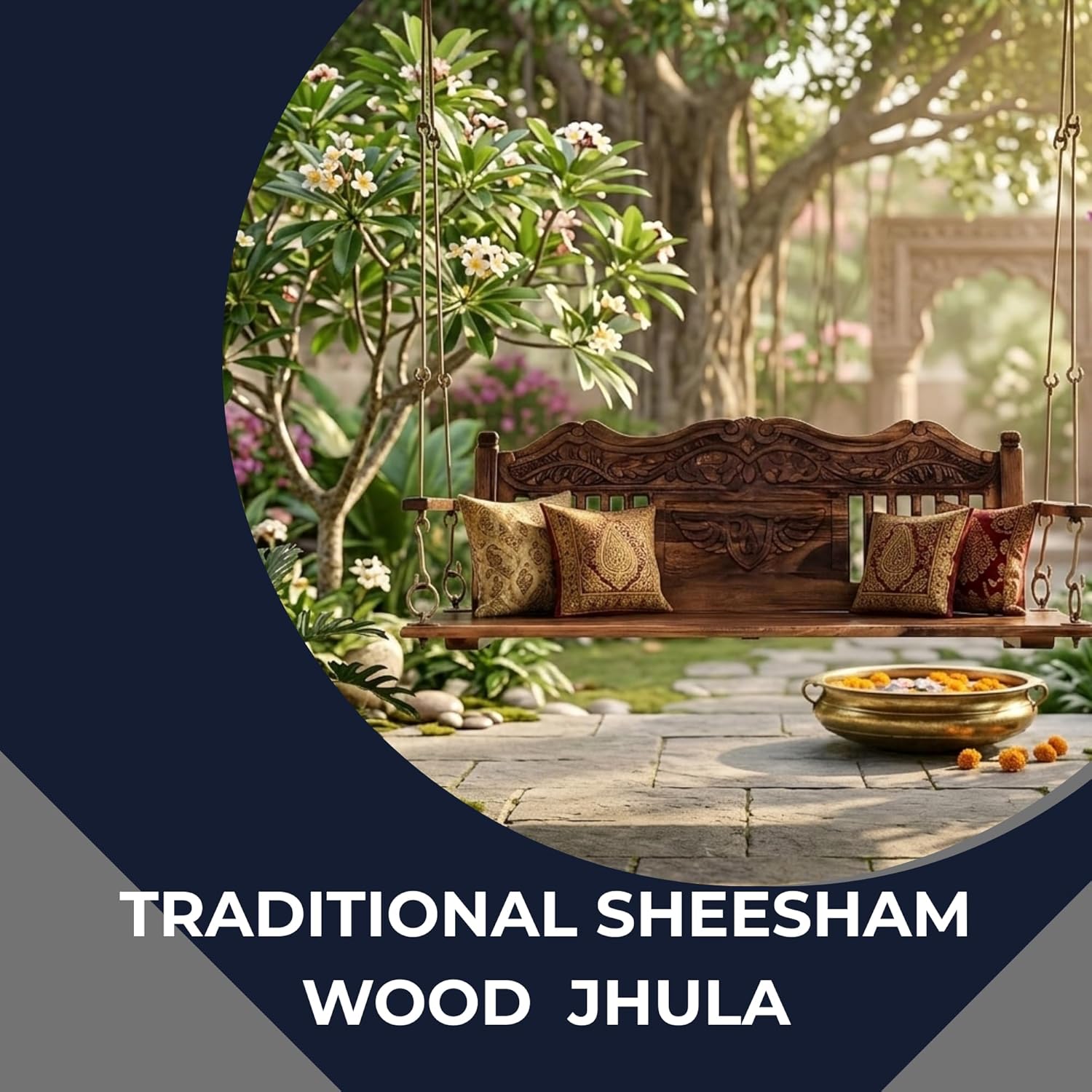Wooden Jhula for Adults for Home Swing Jhula with Brass Chain and Carving for Indoor Outdoor & Balcony Traditional Hammock House Swings Jhula | House Backyard Swings for Adults (Honey Finish) 